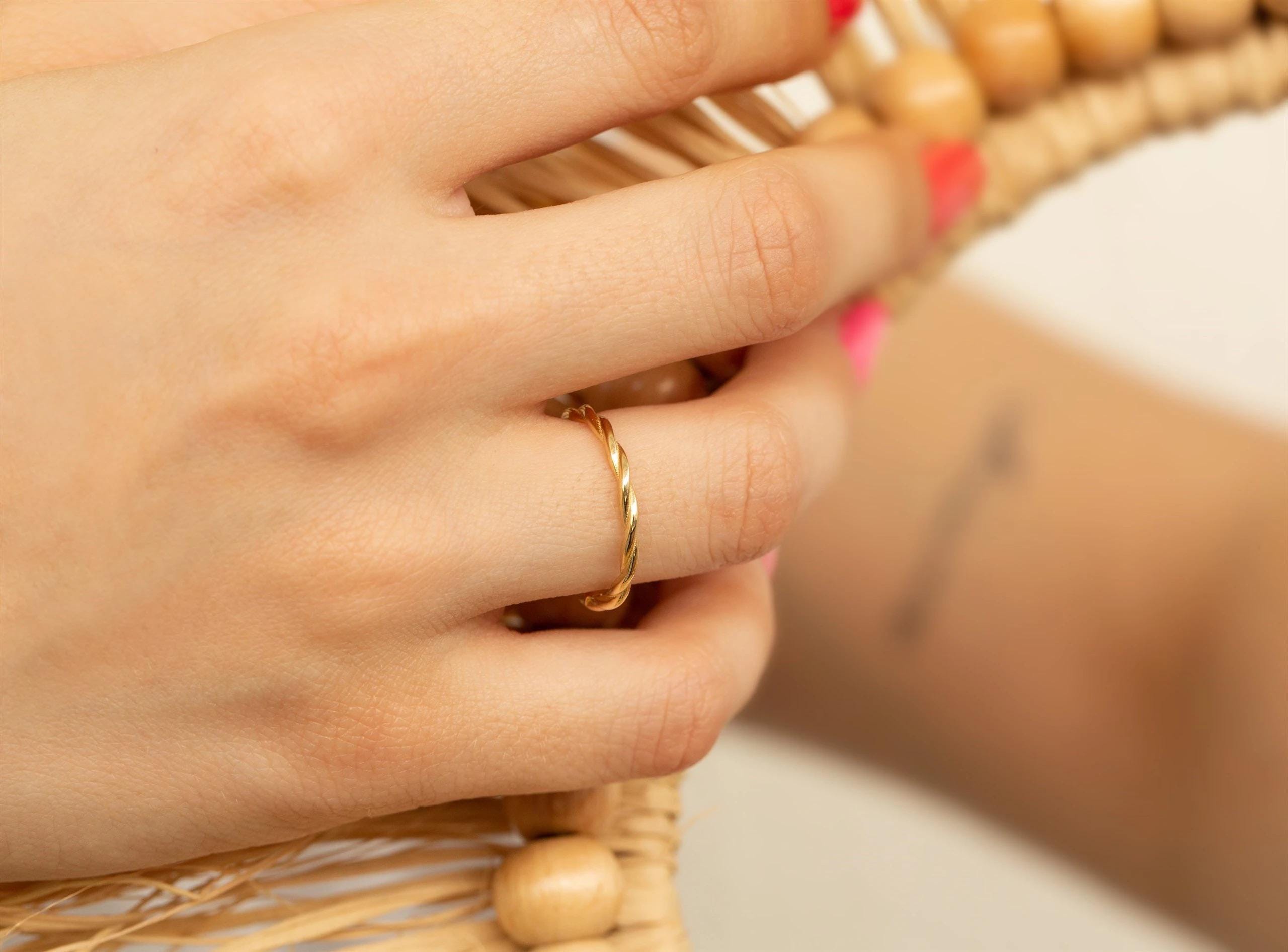 14K Solid Gold Twisted Ring - Real Gold Dainty Stackable Band