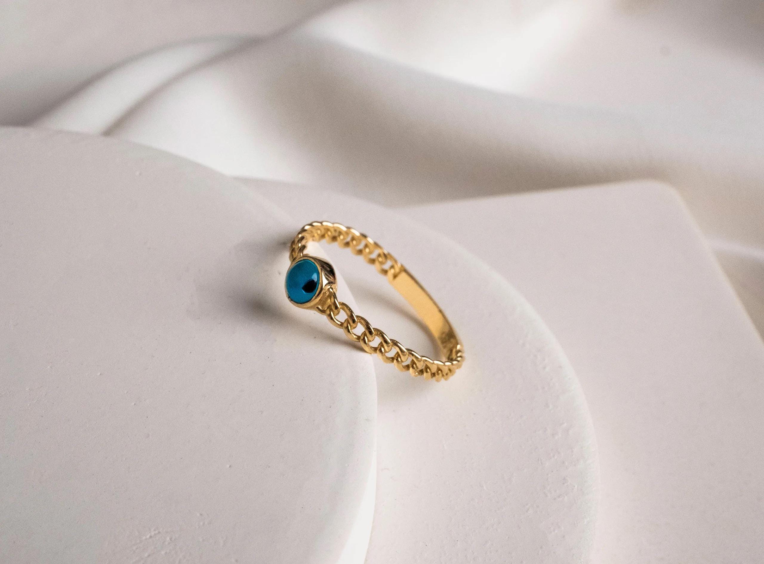 14K Solid Gold Evil Eye Ring - Real Gold Blue Enamel Eye Jewelry