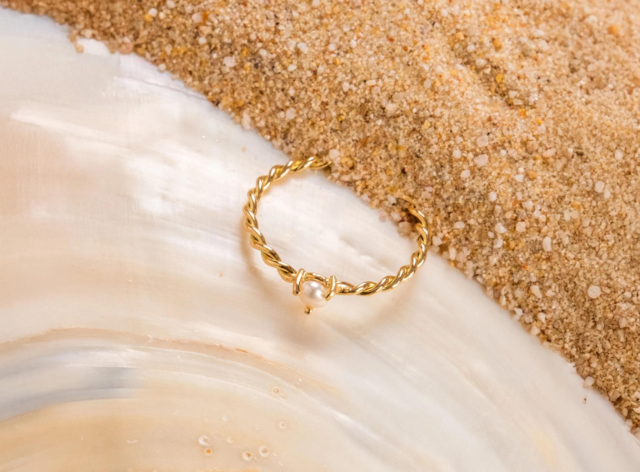 14K Solid Gold Pearl Ring - Real Gold Twisted Band Ring