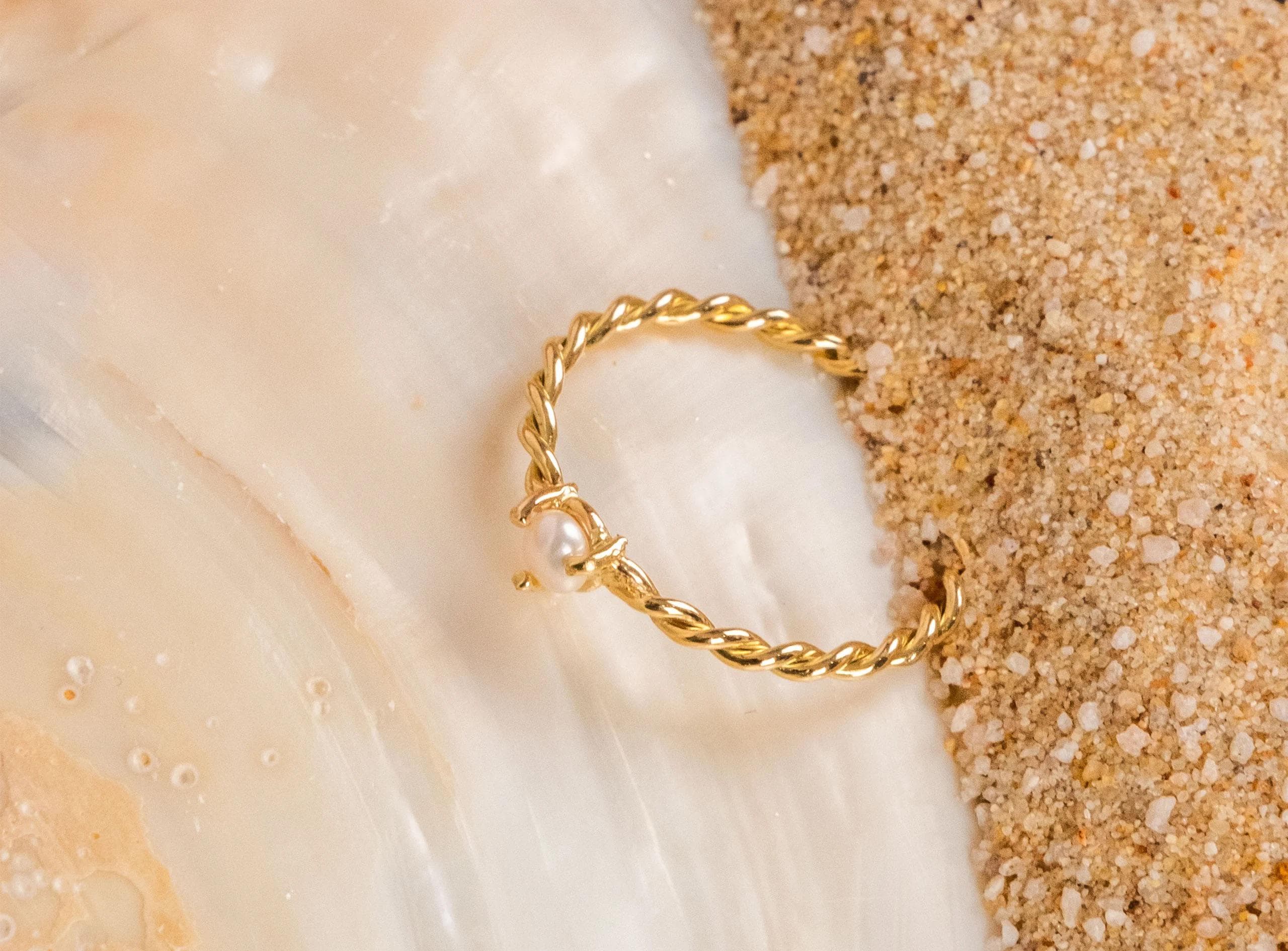 14K Solid Gold Pearl Ring - Real Gold Twisted Band Ring