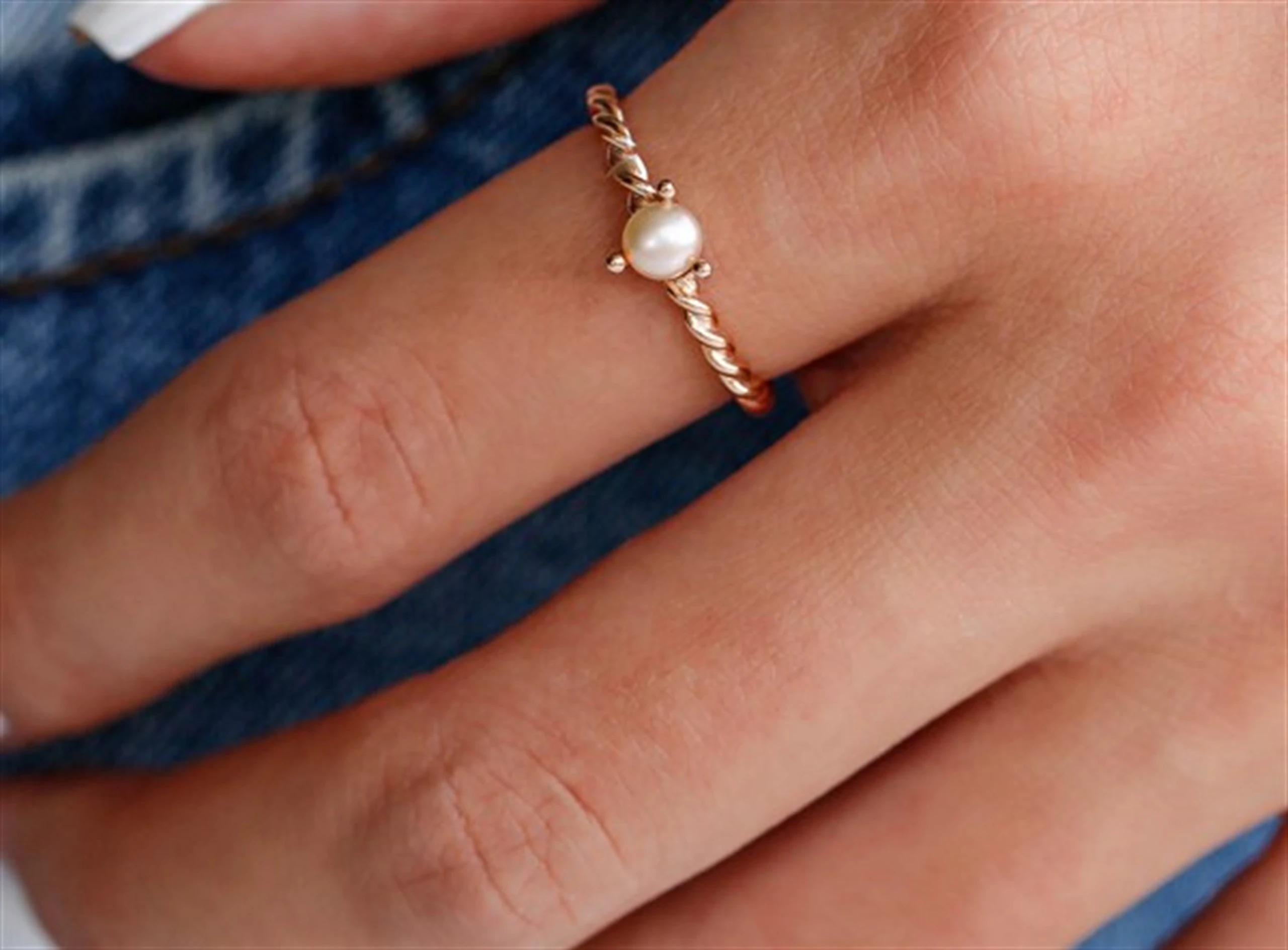 14K Solid Gold Pearl Ring - Real Gold Twisted Band Ring