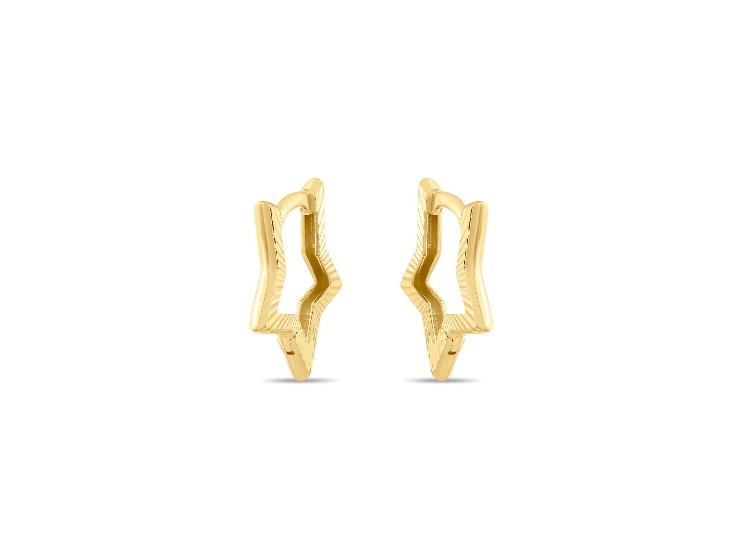 14K Solid Gold Star Hoop Earrings -Unique Real Gold Earrings