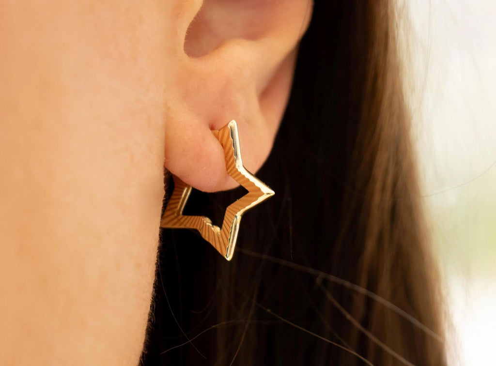 14K Solid Gold Star Hoop Earrings -Unique Real Gold Earrings