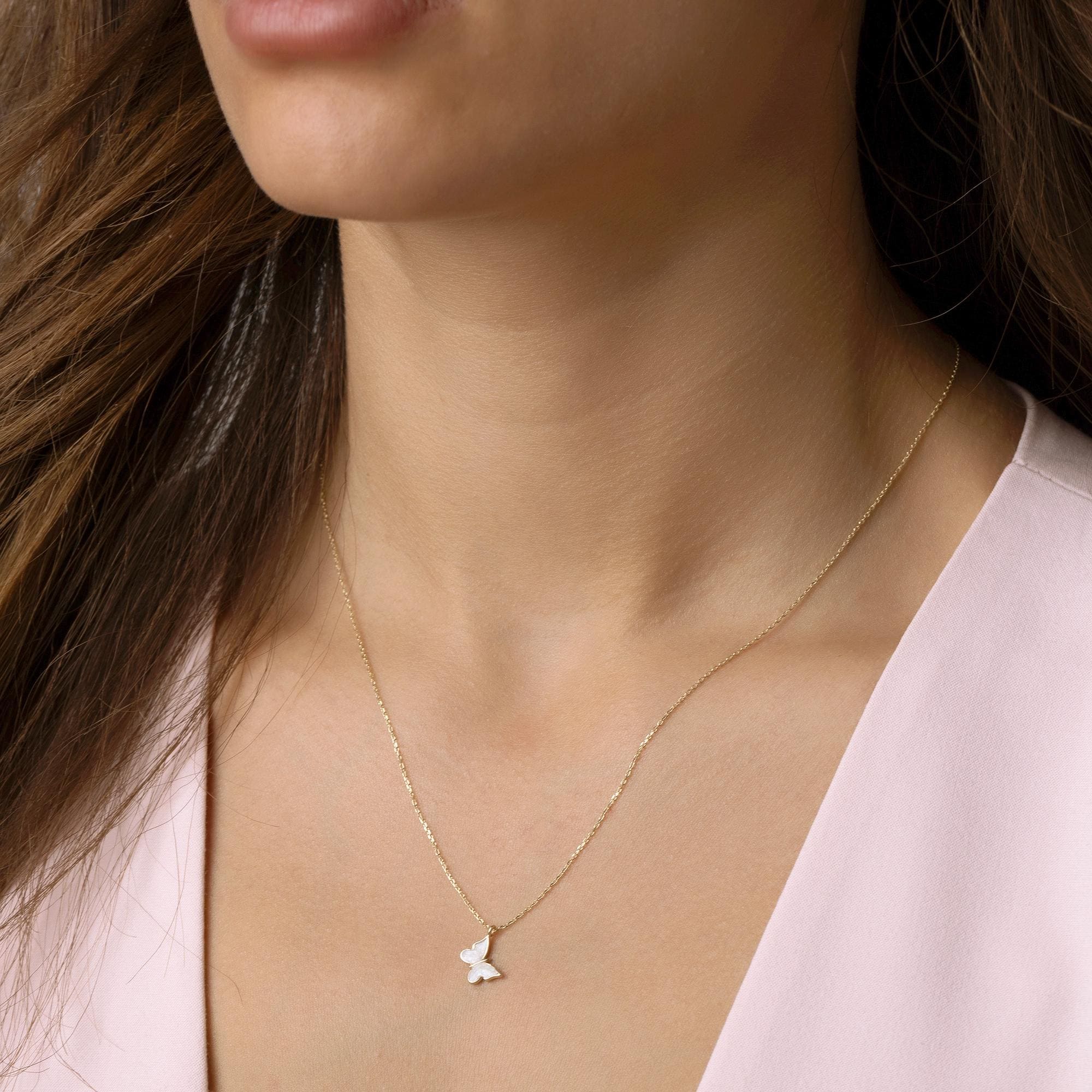 14K Solid Gold Butterfly Necklace - Minimalist Everyday Jewelry