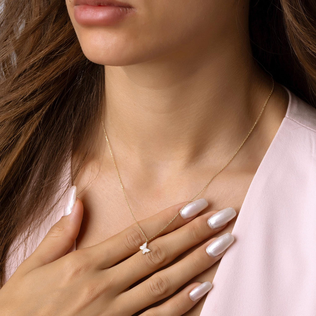 14K Solid Gold Butterfly Necklace - Minimalist Everyday Jewelry