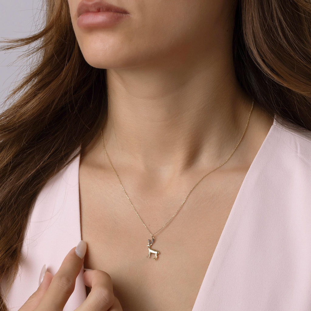 14K Solid Gold Deer Necklace - Real Gold Animal Pendant