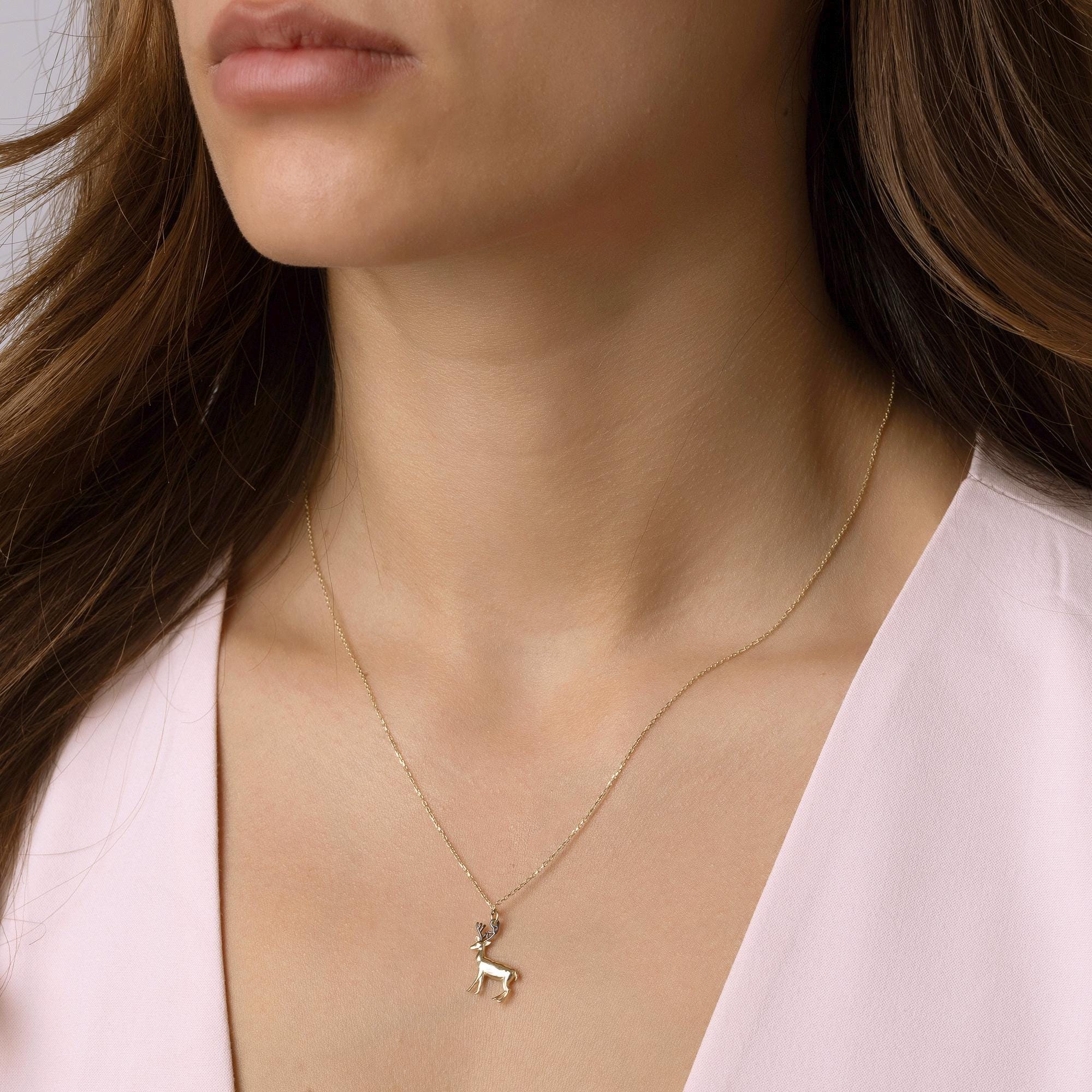 14K Solid Gold Deer Necklace - Real Gold Animal Pendant
