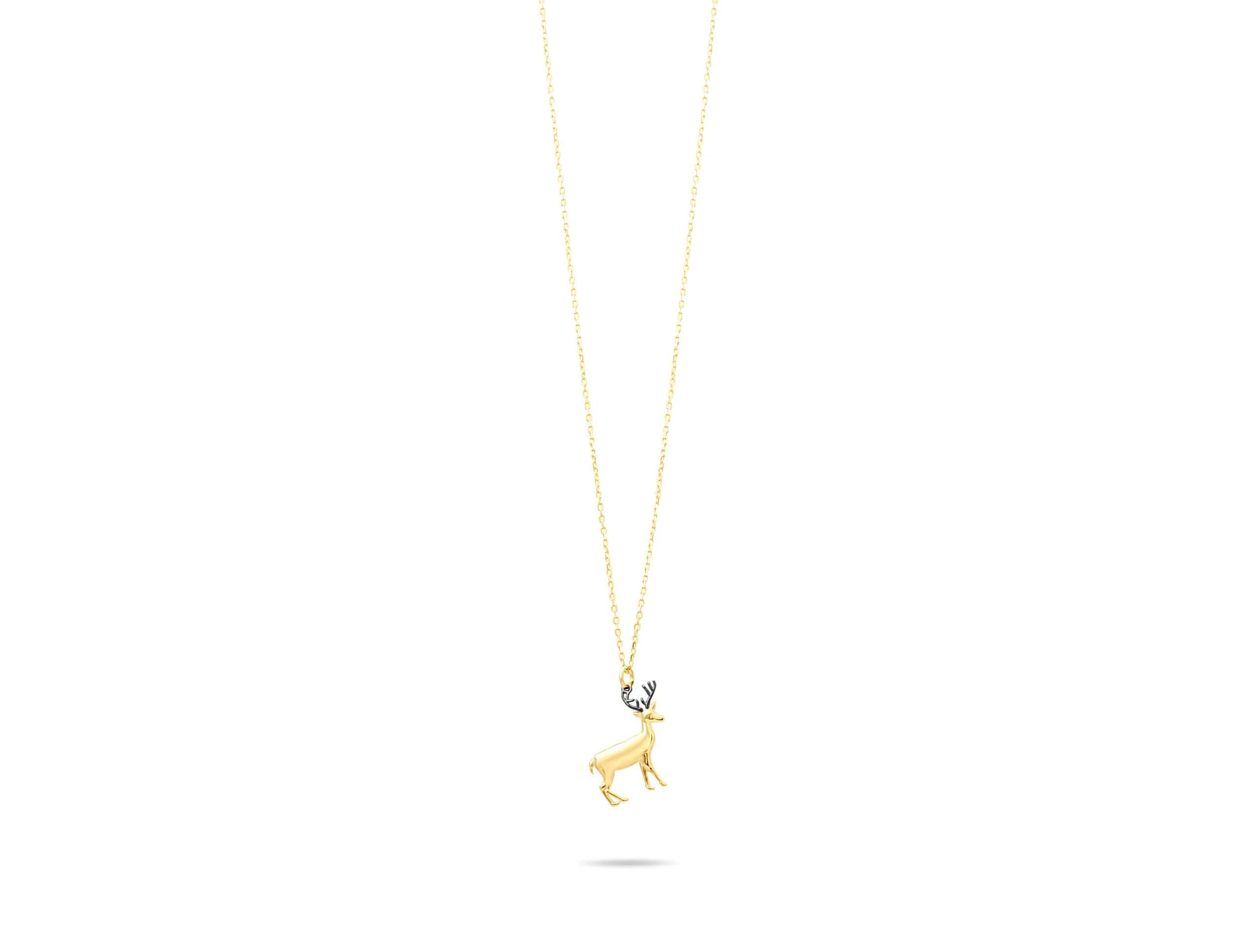 14K Solid Gold Deer Necklace - Real Gold Animal Pendant