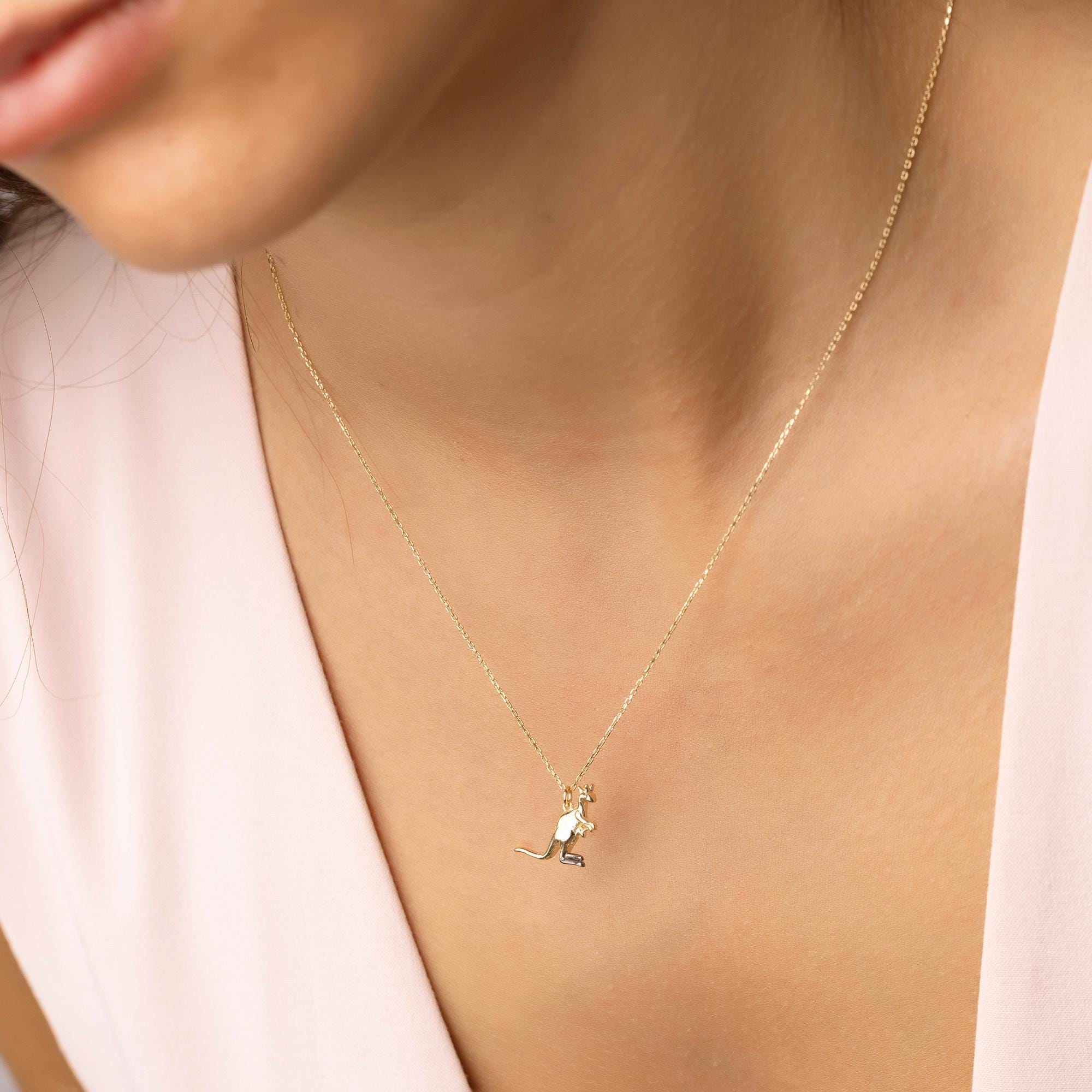 14K Solid Gold Kangaroo Necklace - Real Gold Animal Pendant