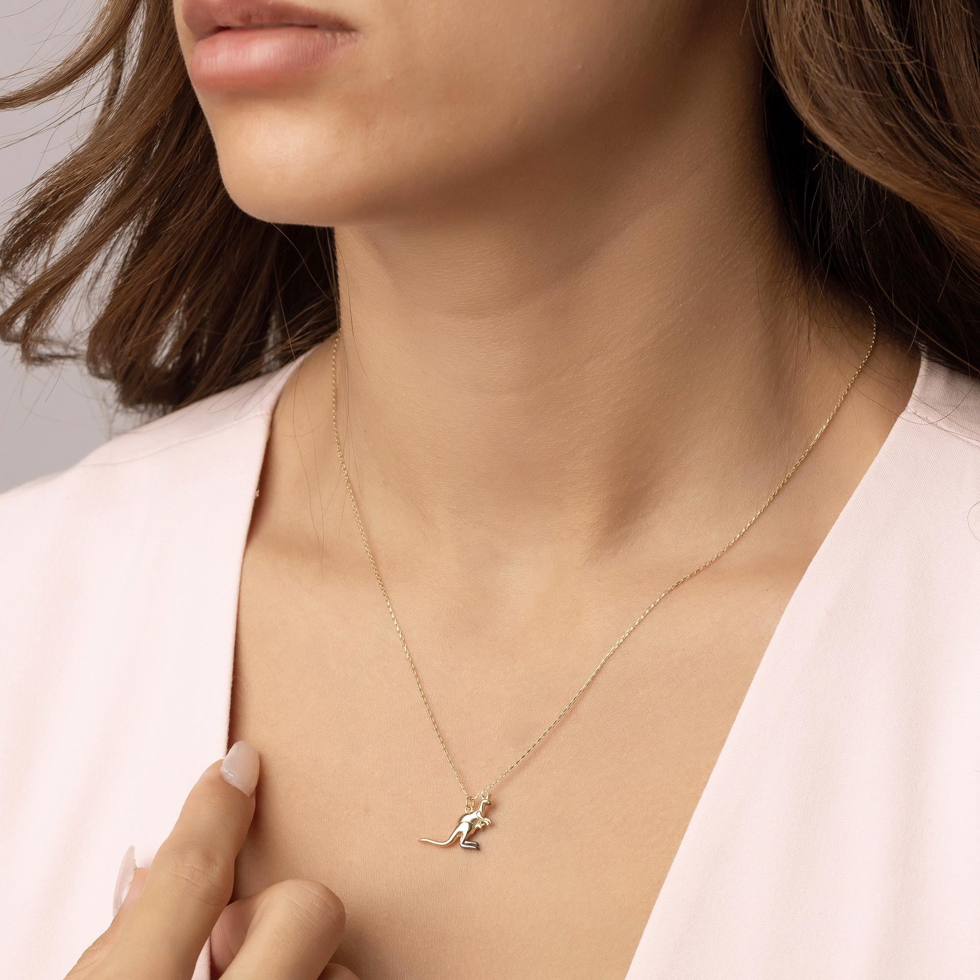 14K Solid Gold Kangaroo Necklace - Real Gold Animal Pendant