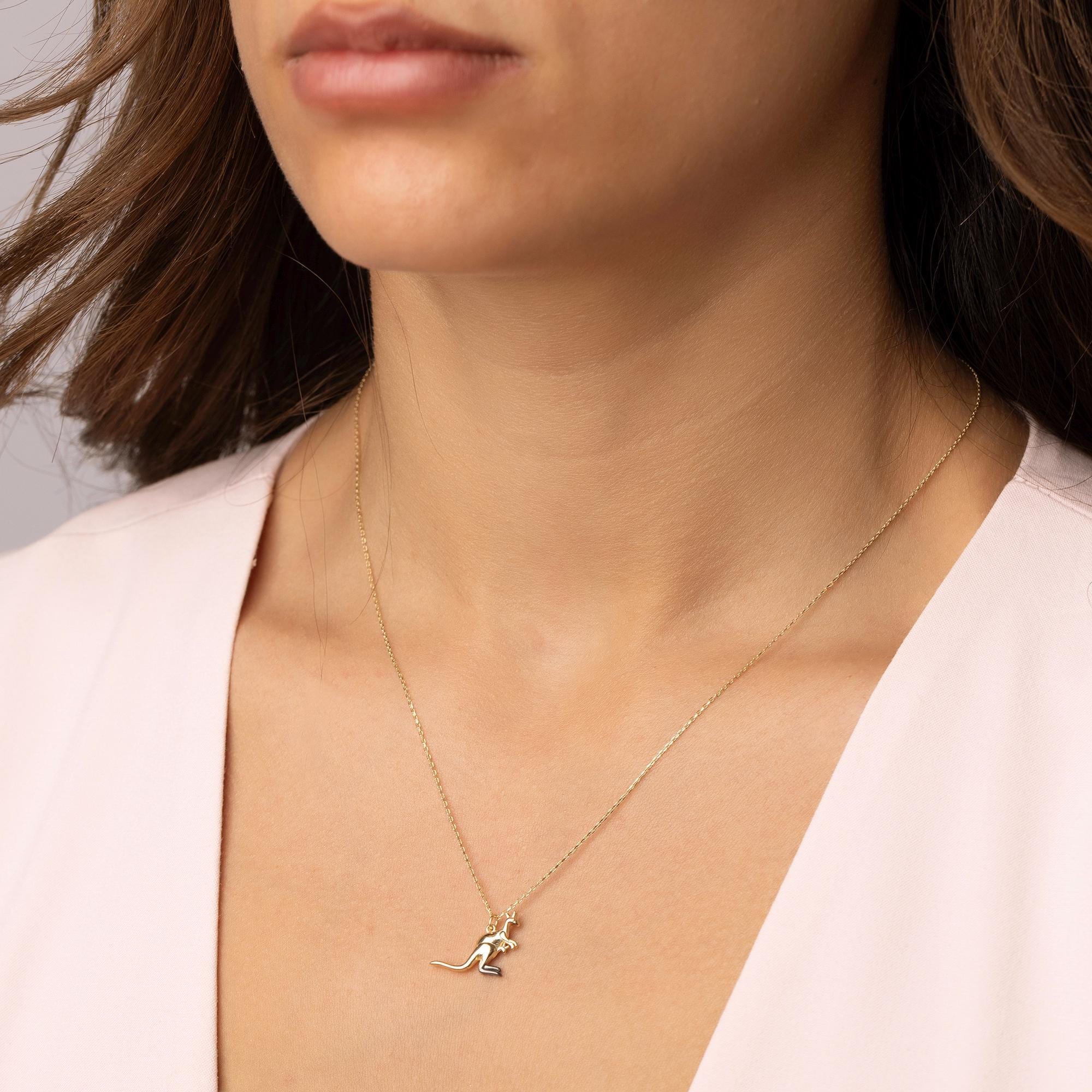 14K Solid Gold Kangaroo Necklace - Real Gold Animal Pendant