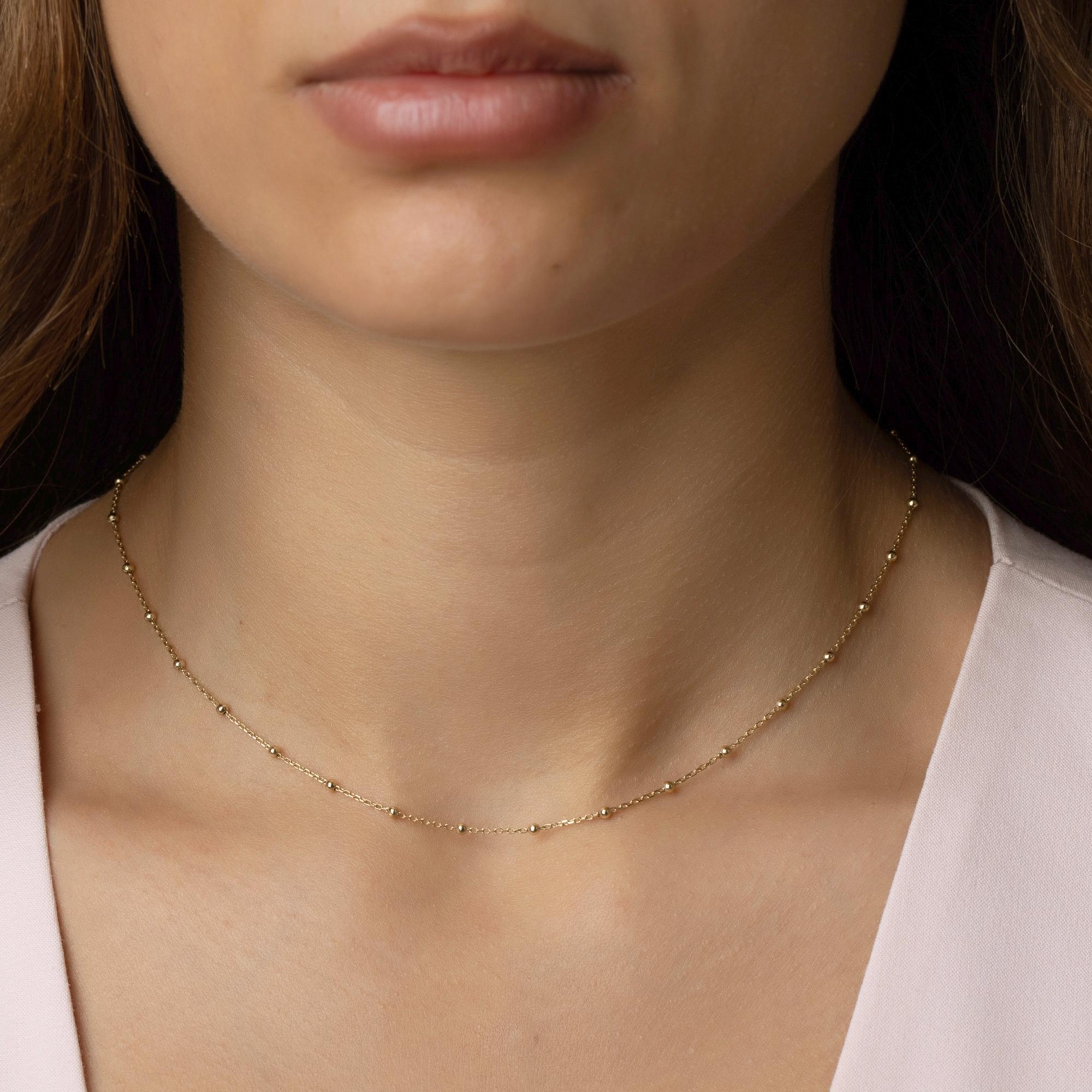 14K Solid Gold Bead Chain Necklace - Dainty Real Gold Satellite Necklace Gift for Her