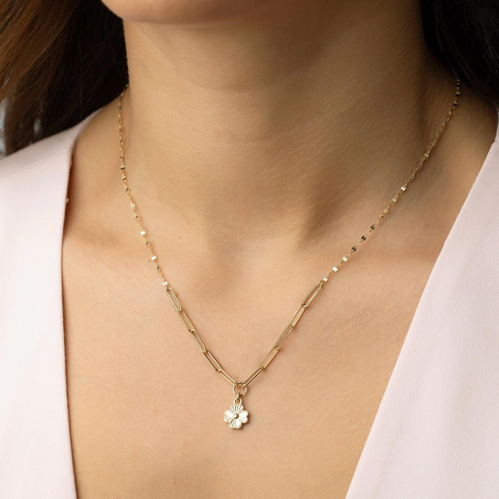 14K Solid Gold Flower Necklace, Real Gold Pendant for Women, Dainty Handmade Jewelry Gift, Elegant Floral Gold Chain Necklace