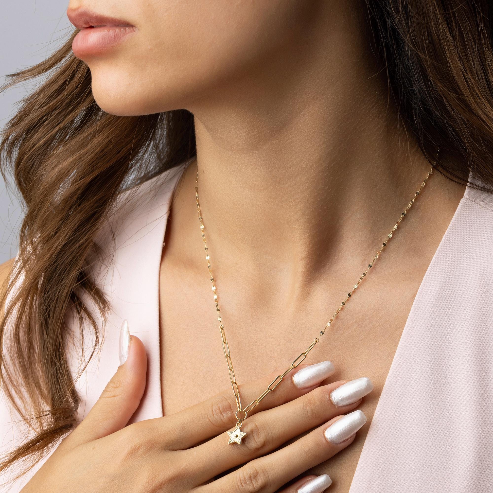 14K Solid Gold Star Necklace - Paperclip Chain Gold Pendant