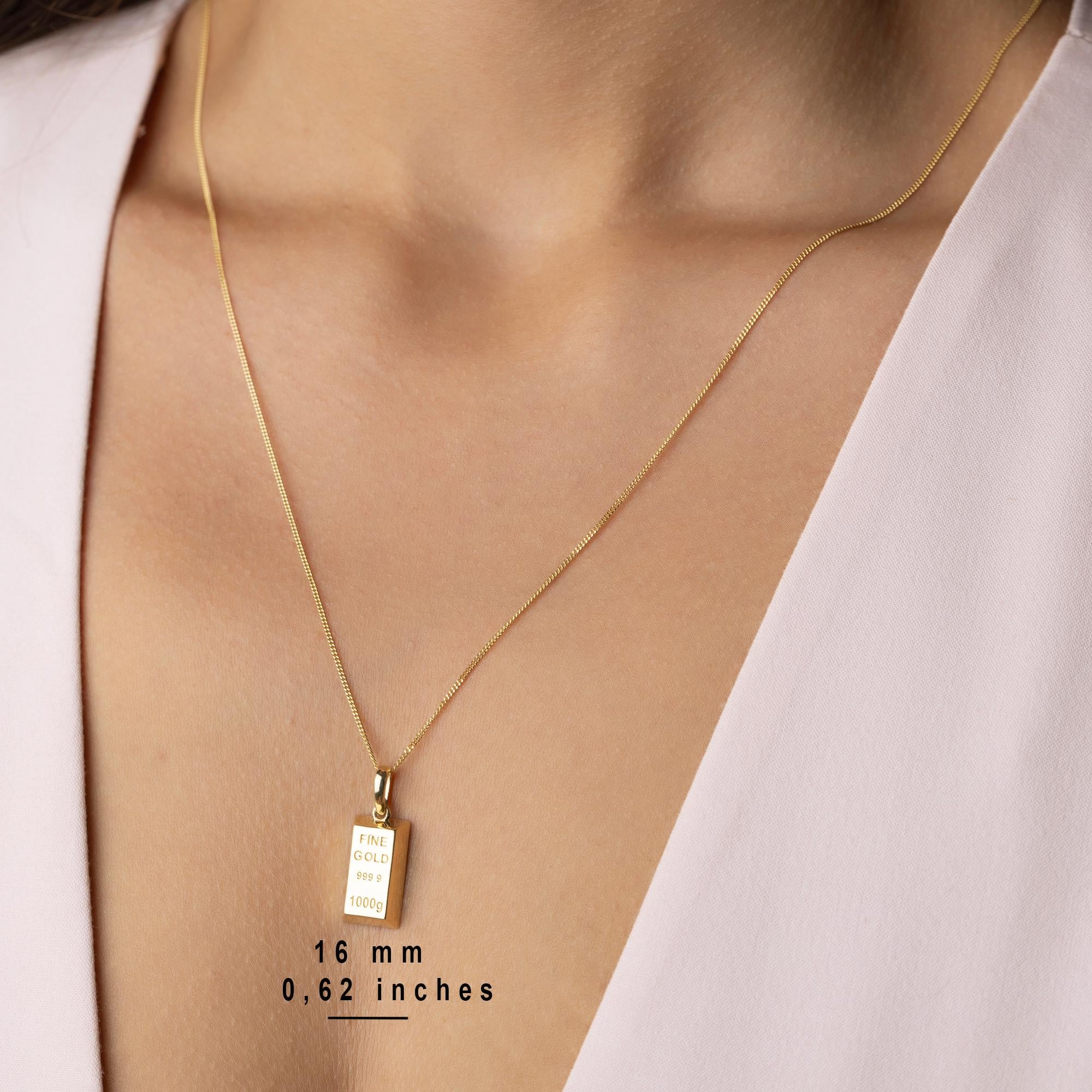 14K Solid Gold Bar Pendant Necklace - Real Gold Ingot Necklace