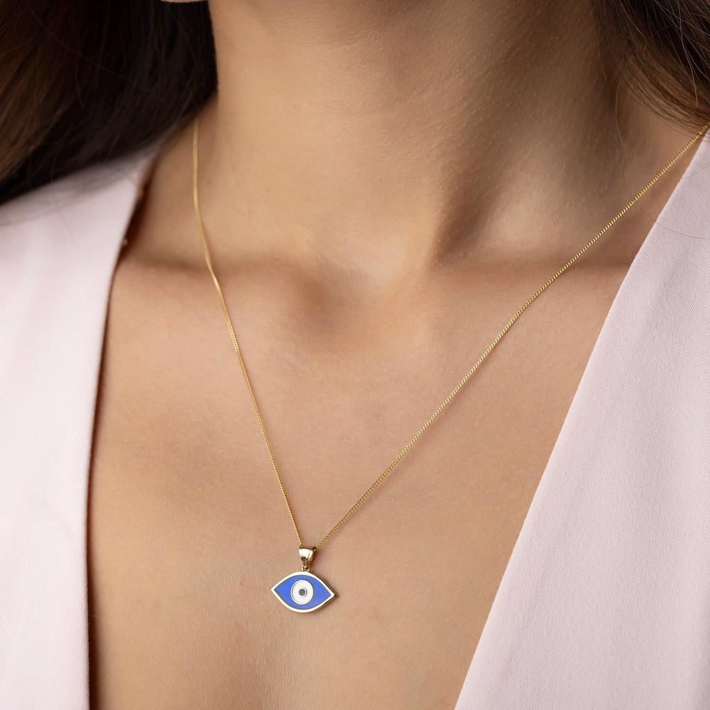 14K Solid Gold Evil Eye Necklace -Dainty Blue Enamel Pendant