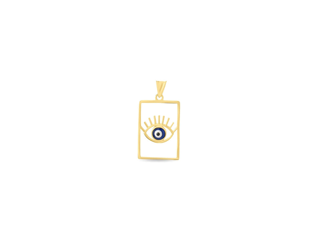 14K Solid Gold Evil Eye Rectangle Necklace - Modern Blue Enamel Pendant