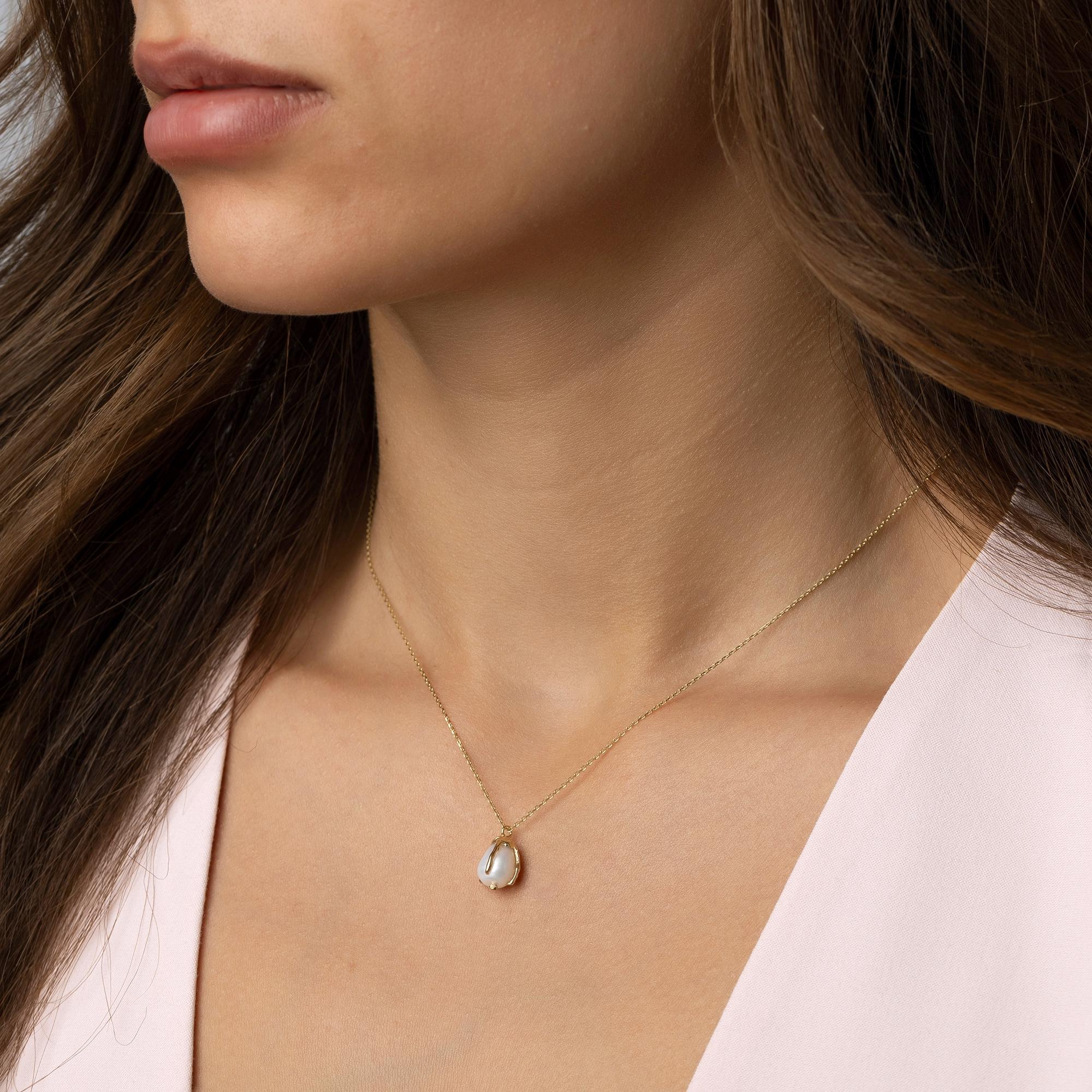 14K Solid Gold Pearl Necklace - Real Baroque Pearl Pendant