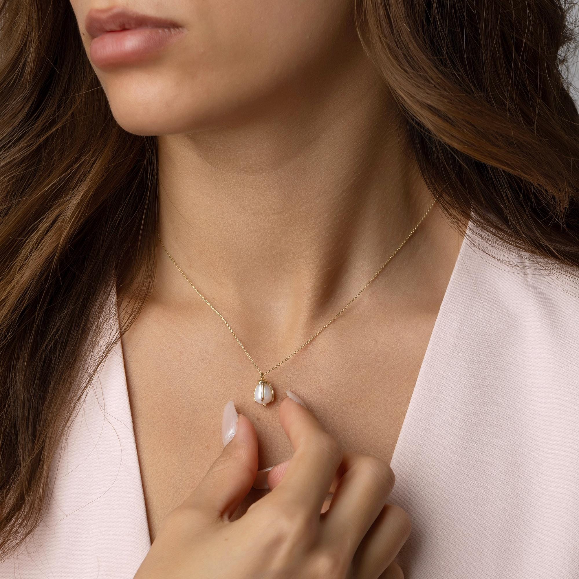 14K Solid Gold Pearl Necklace - Real Baroque Pearl Pendant