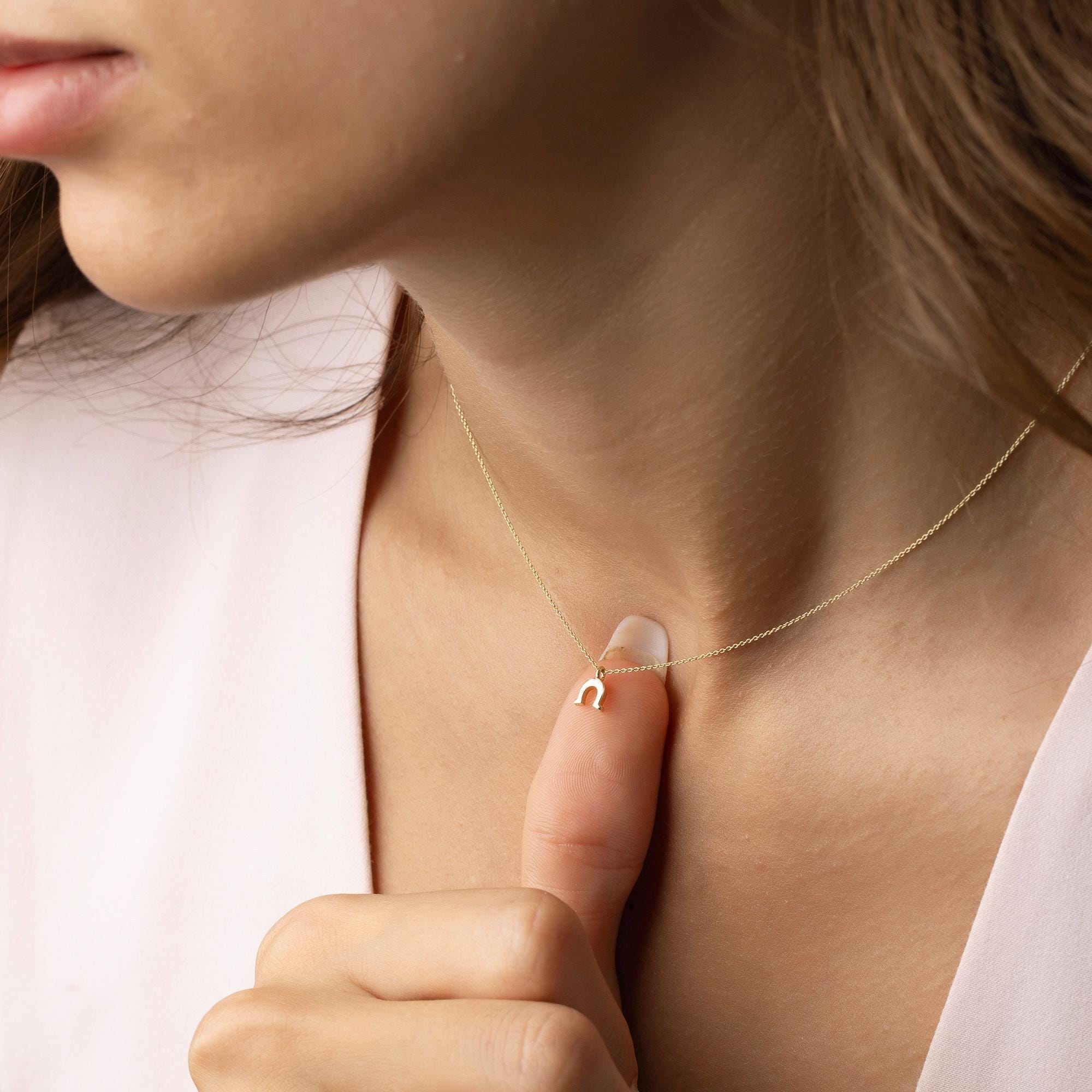 14K Solid Gold Horseshoe Necklace - Dainty Real Gold Pendant