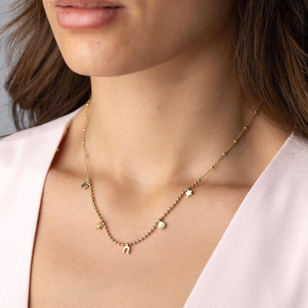 14K Solid Gold Charm Necklace - Lucky Symbols Pendant,