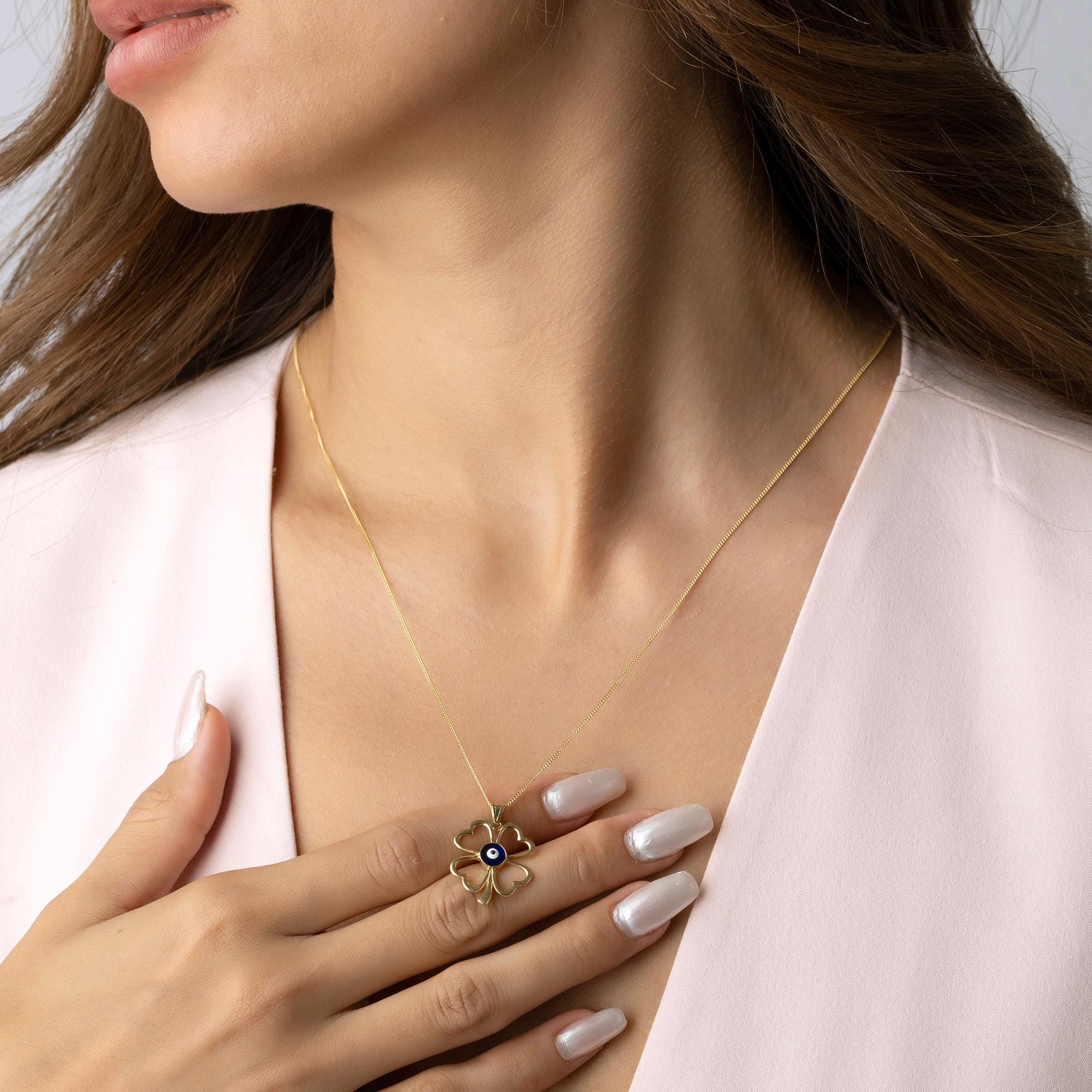 14K Solid Gold Four Leaf Clover Necklace - Lucky Charm Jewelry