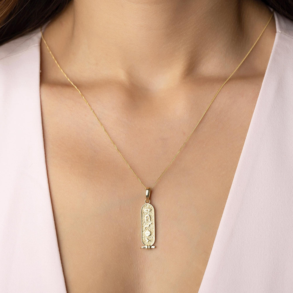14K Solid Gold Egyptian Cartouche Necklace - Ancient Symbol Pendant