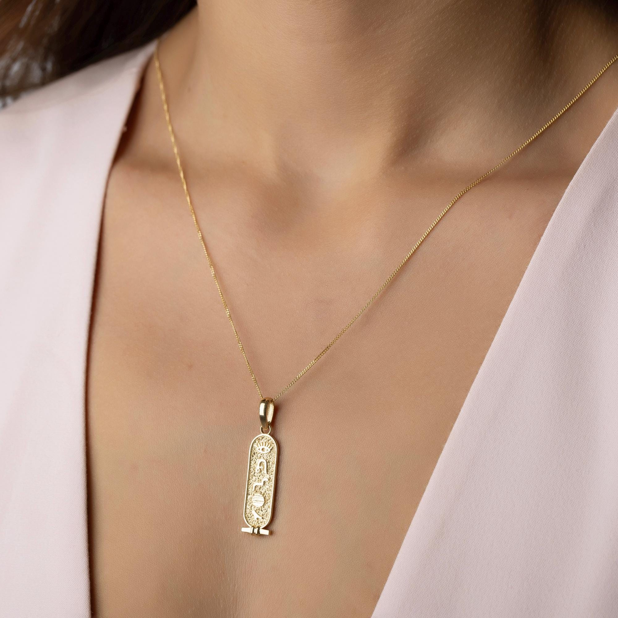 14K Solid Gold Egyptian Cartouche Necklace - Ancient Symbol Pendant