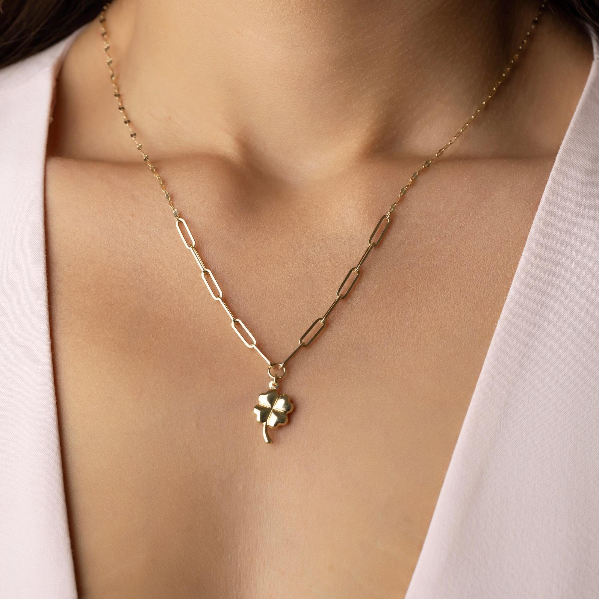 14K Solid Gold Clover Necklace - Four Leaf Lucky Pendant