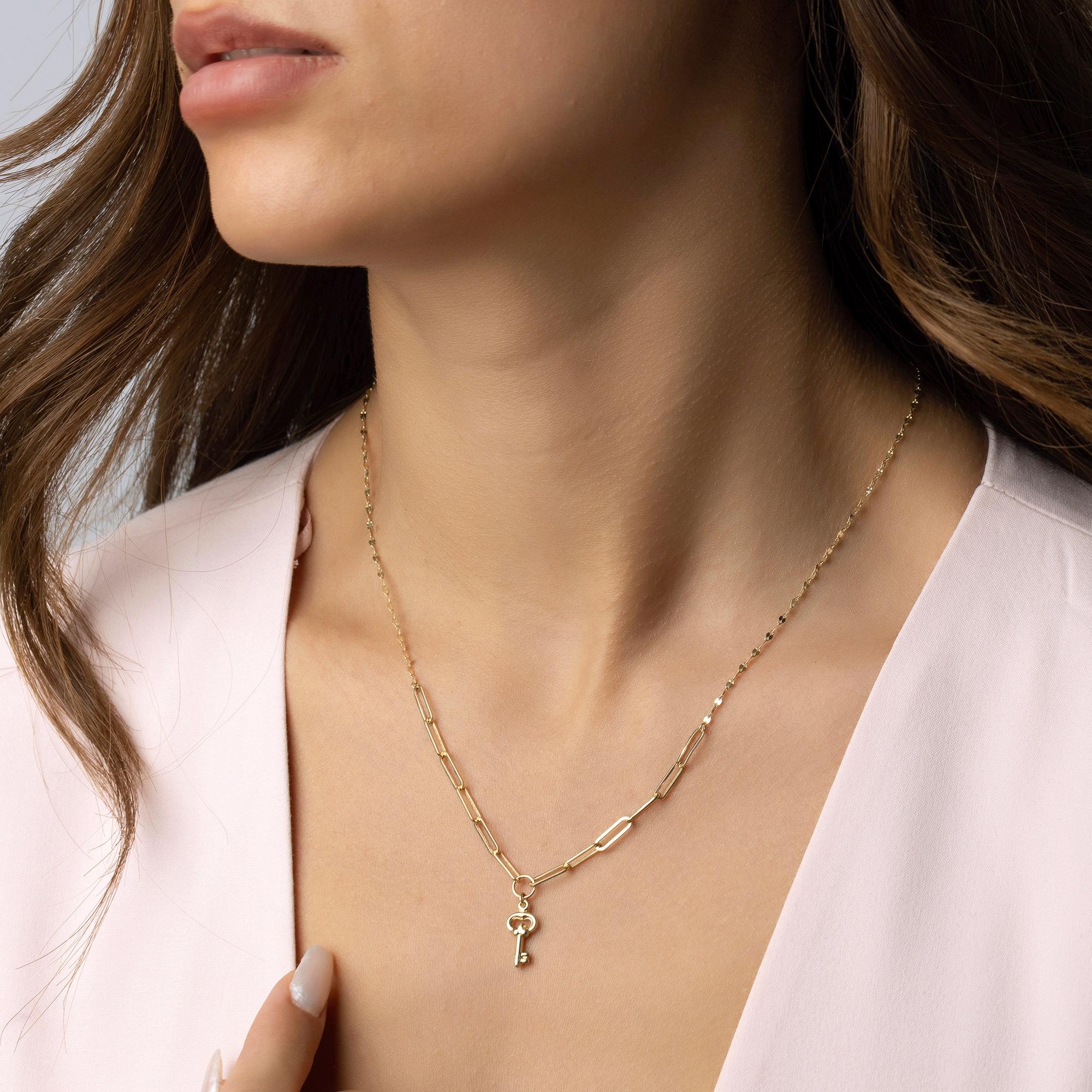 14K Solid Gold Key Pendant Necklace - Paperclip Chain Gold Necklace