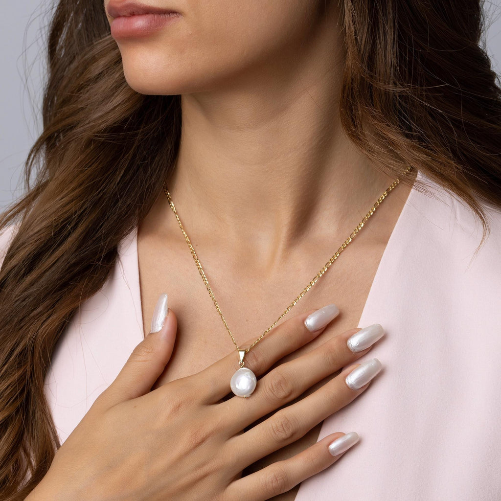 14K Solid Gold Pearl Necklace - Real Baroque Pearl Pendant