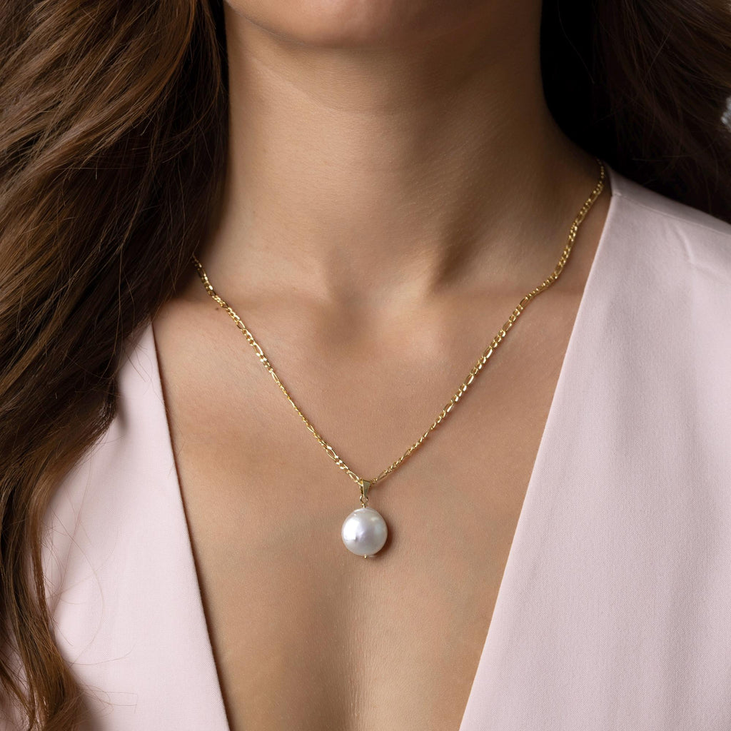 14K Solid Gold Pearl Necklace - Real Baroque Pearl Pendant