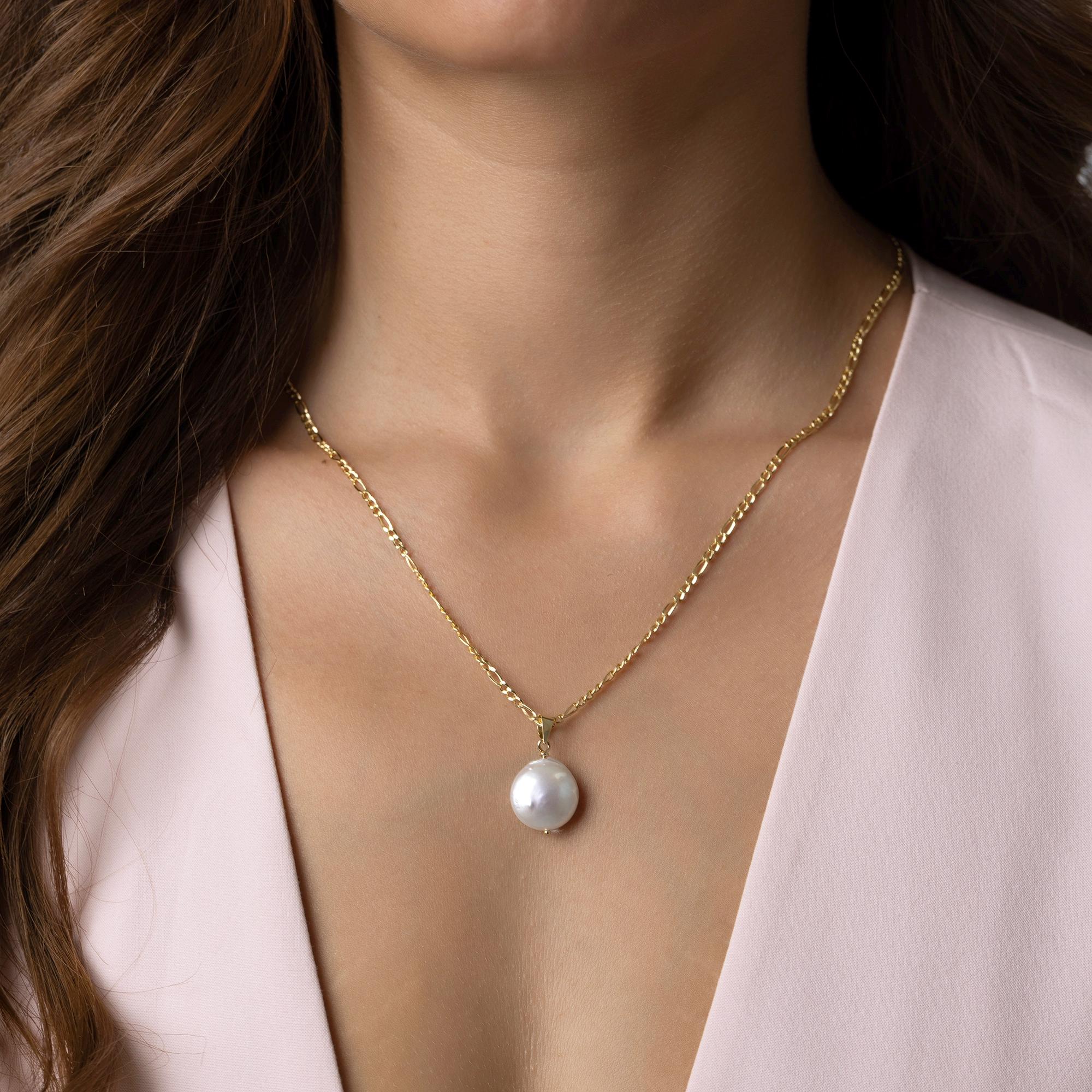 14K Solid Gold Pearl Necklace - Real Baroque Pearl Pendant