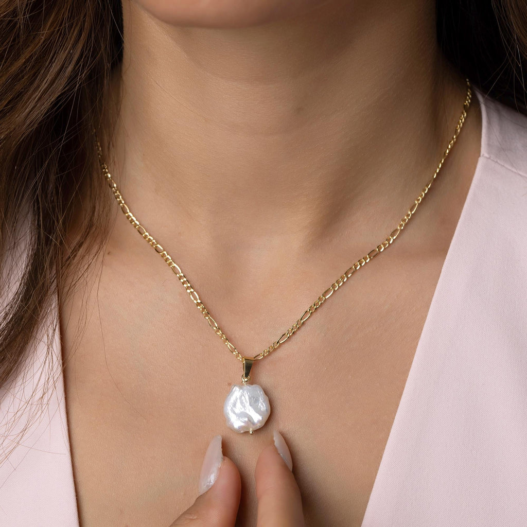 14K Solid Gold Baroque Pearl Necklace - Real Natural Pearl Pendant