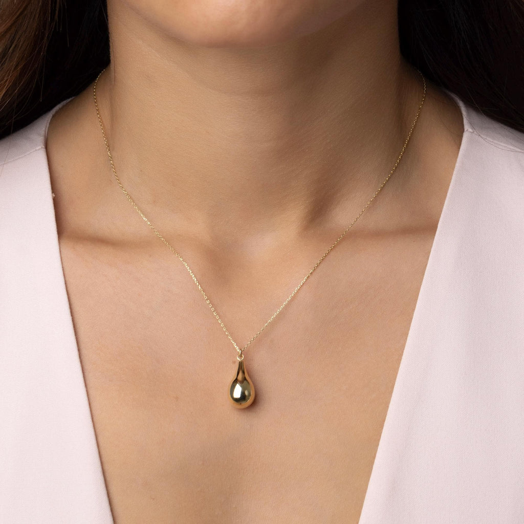 14K Solid Gold Teardrop Necklace - Minimalist Gold Drop Pendant