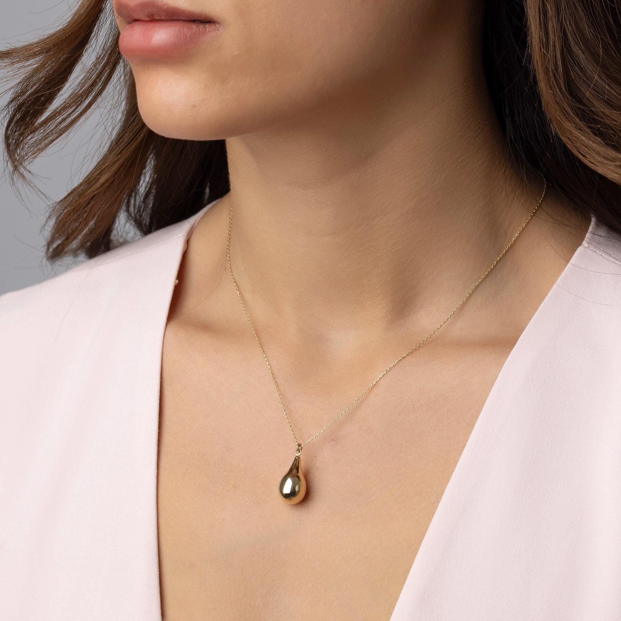 14K Solid Gold Teardrop Necklace - Minimalist Gold Drop Pendant