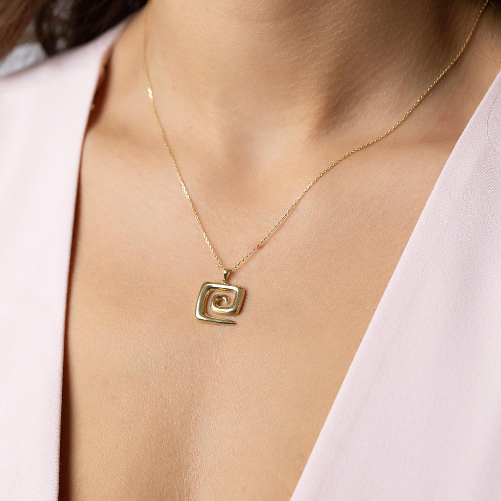 14K Solid Gold Spiral Necklace - Energy Symbol Pendant
