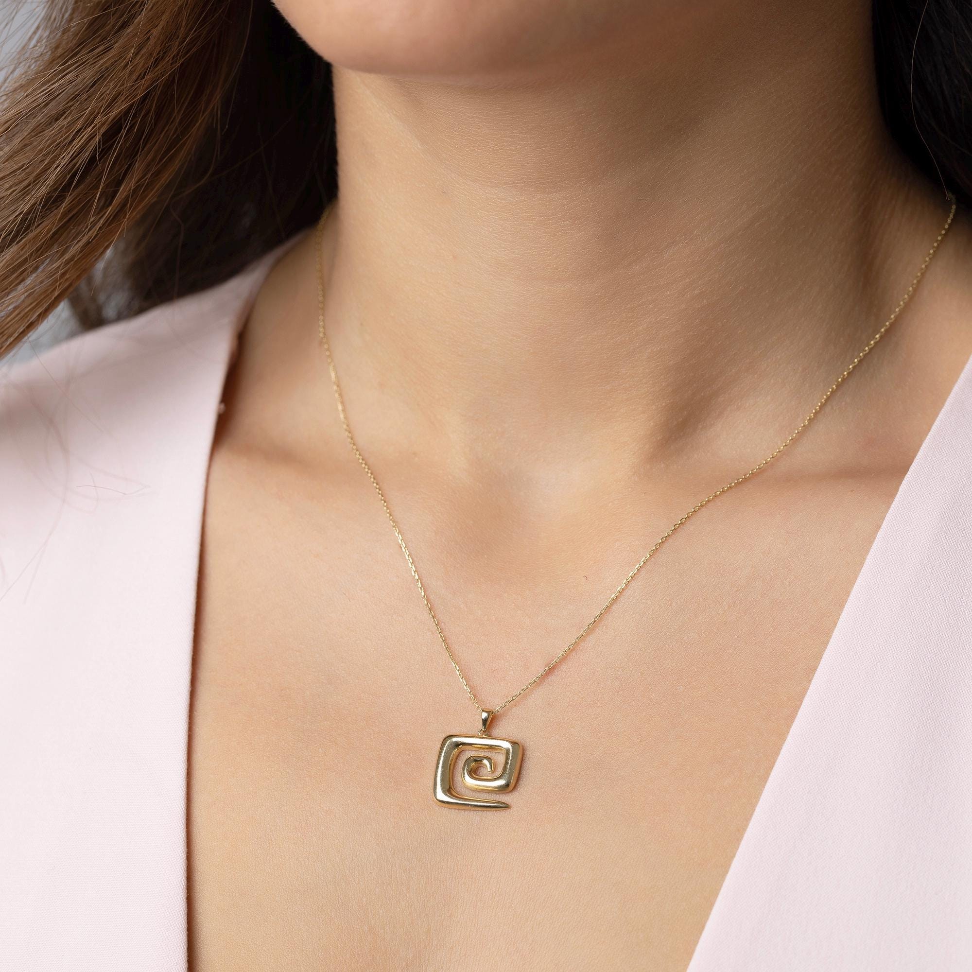14K Solid Gold Spiral Necklace - Energy Symbol Pendant