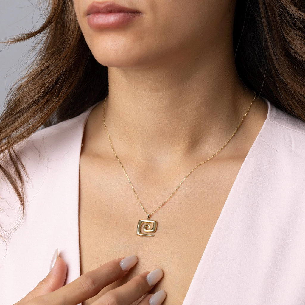 14K Solid Gold Spiral Necklace - Energy Symbol Pendant