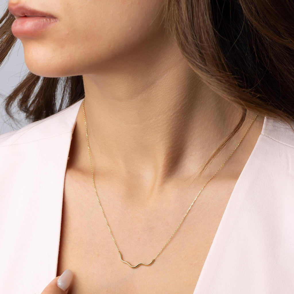 14K Solid Gold Wave Necklace - Minimalist Wavy Bar Pendant