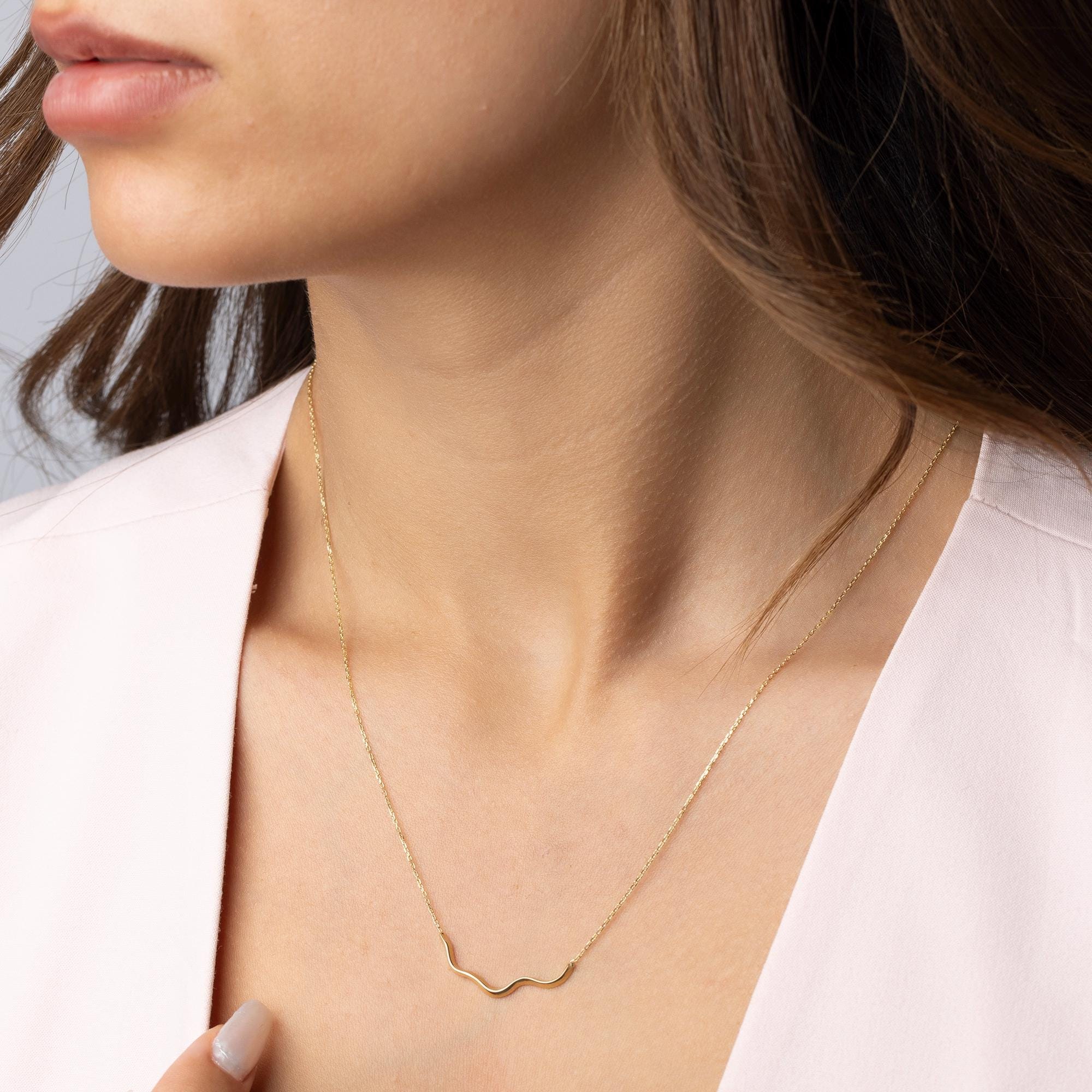 14K Solid Gold Wave Necklace - Minimalist Wavy Bar Pendant