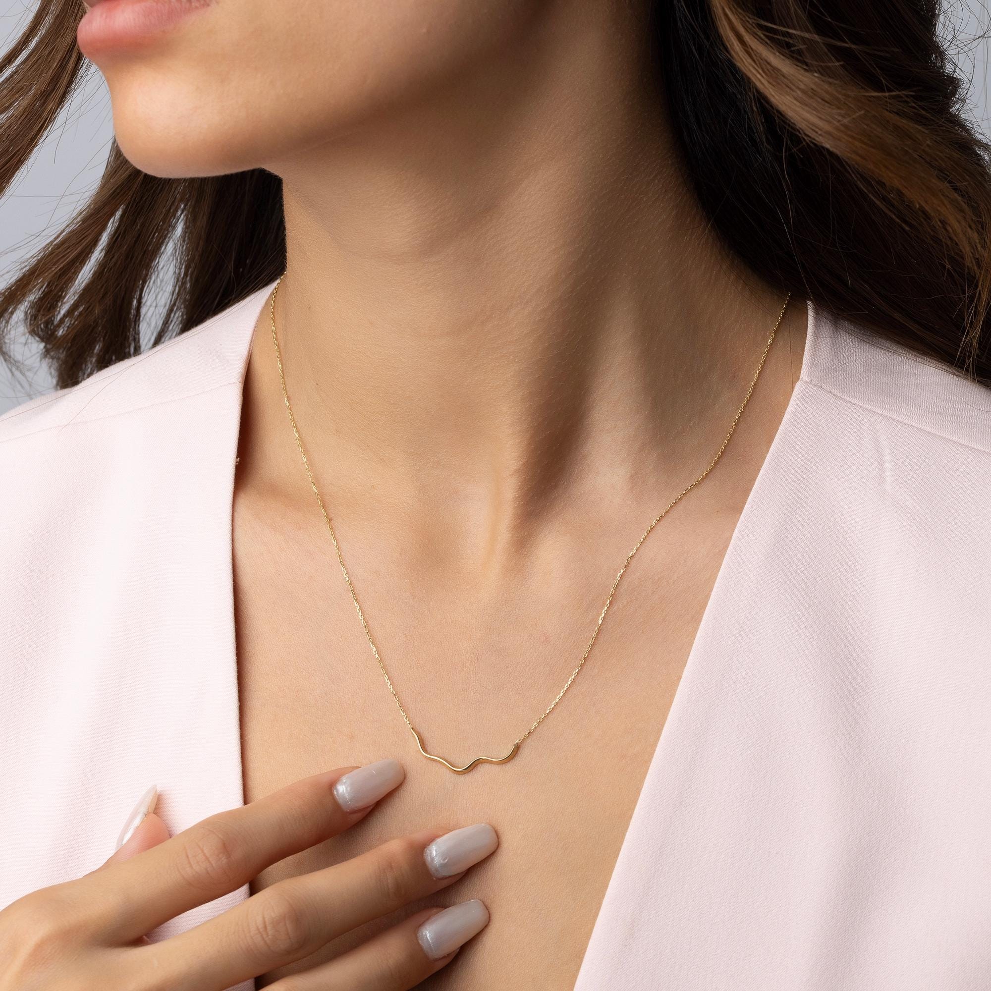 14K Solid Gold Wave Necklace - Minimalist Wavy Bar Pendant