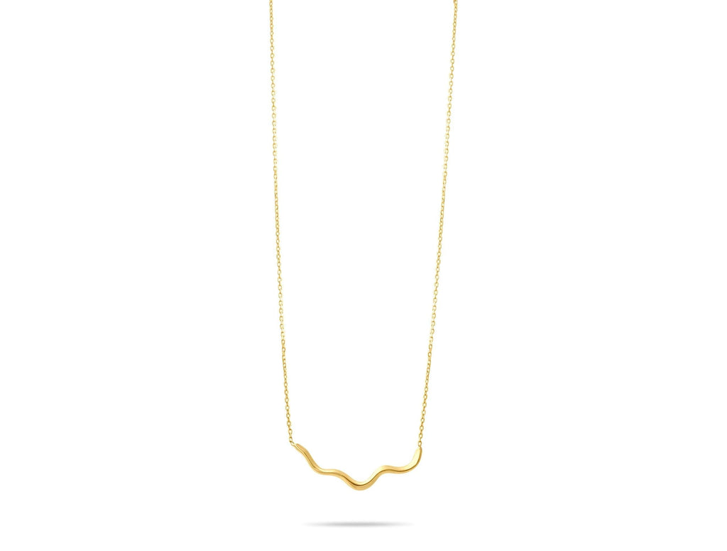 14K Solid Gold Wave Necklace - Minimalist Wavy Bar Pendant