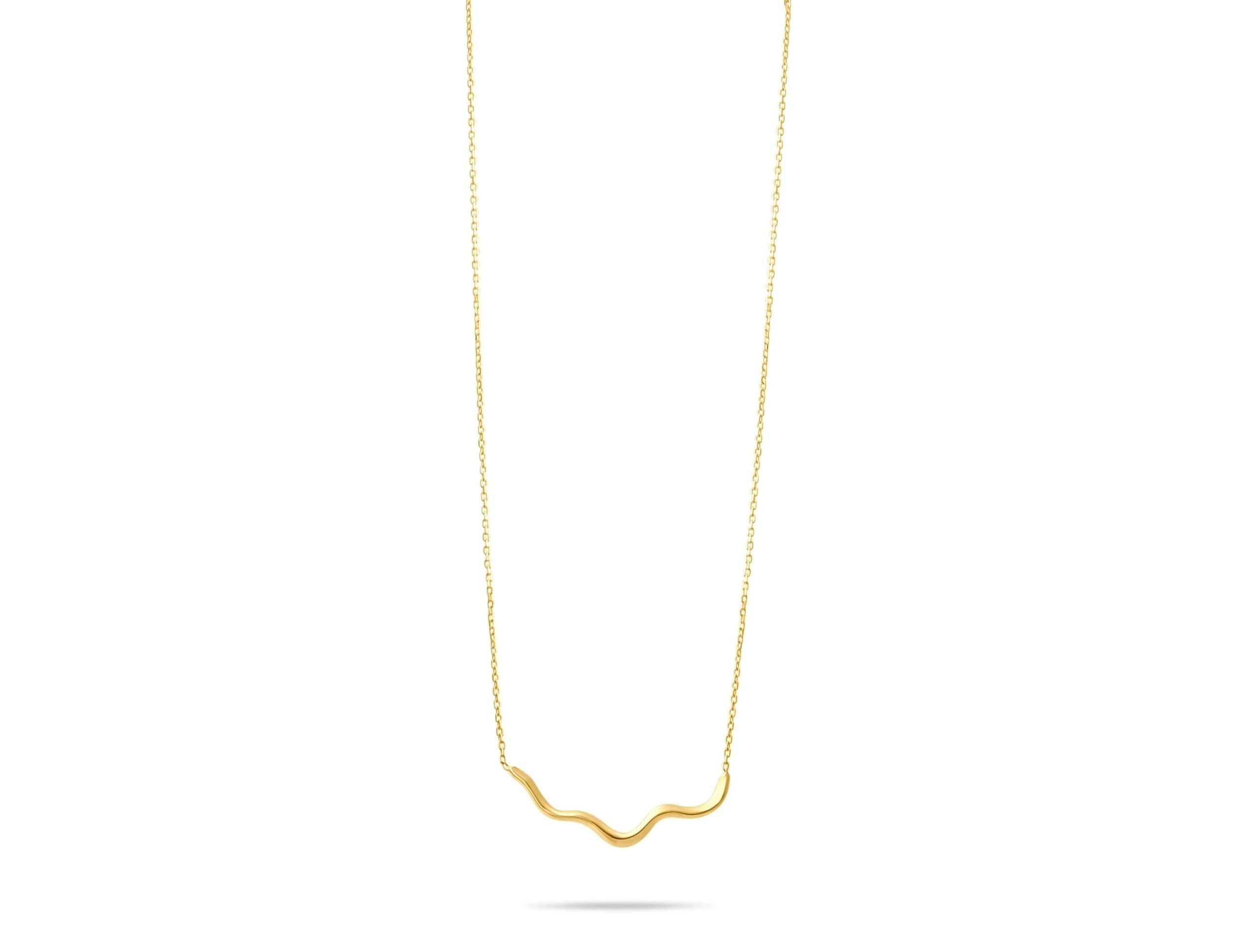 14K Solid Gold Wave Necklace - Minimalist Wavy Bar Pendant
