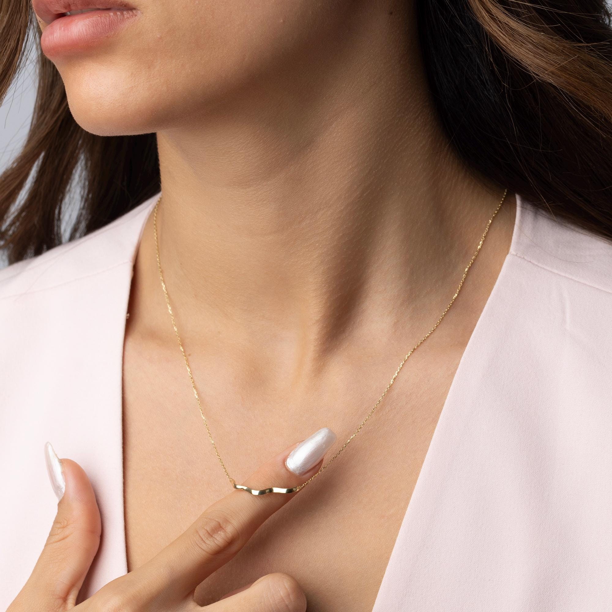14K Solid Gold Wave Necklace - Minimalist Wavy Bar Pendant