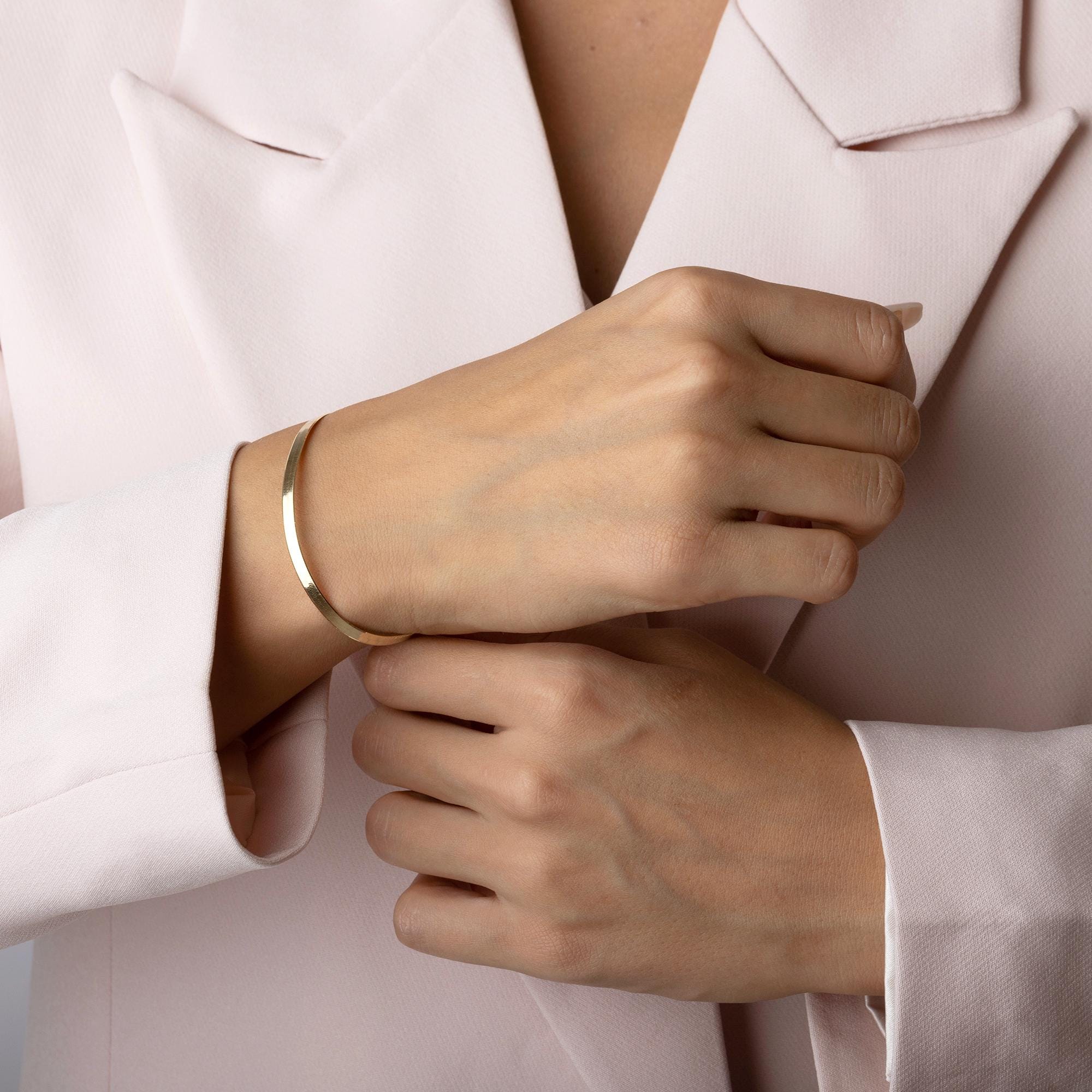 14K Solid Gold Bar Bracelet - Real Gold Minimal Bracelet for Women