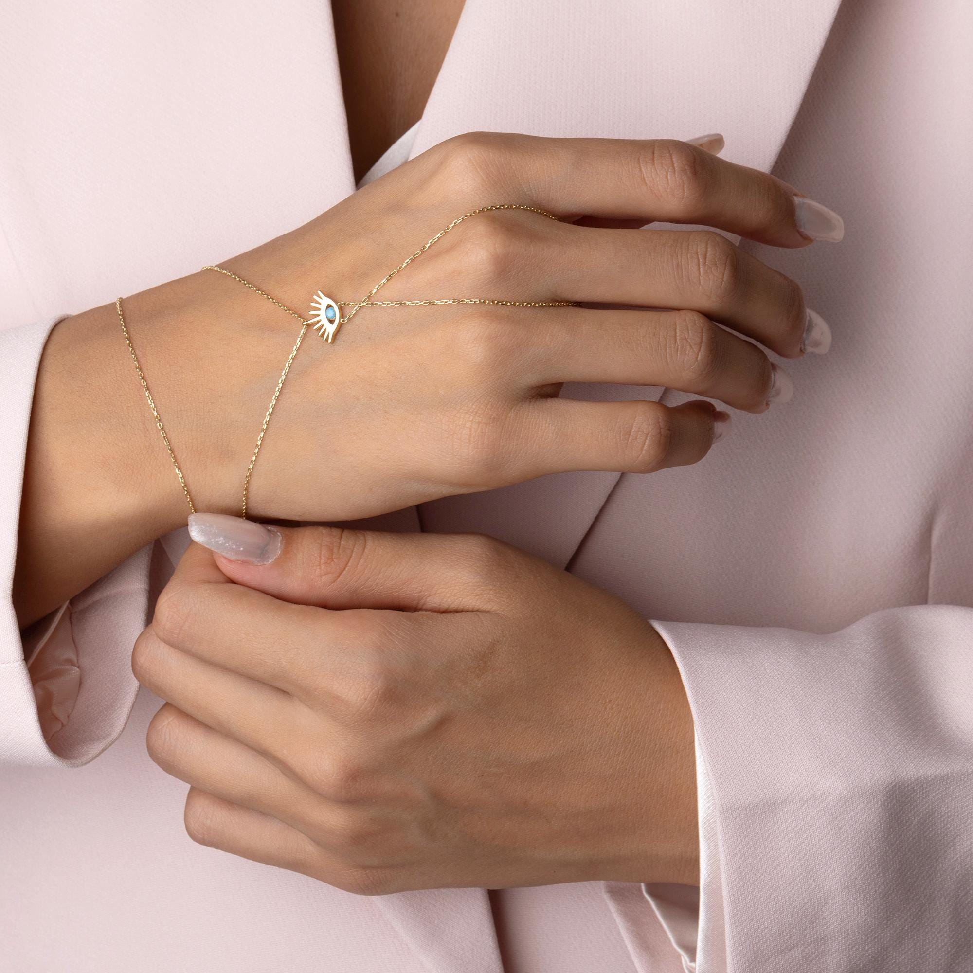 14K Solid Gold Evil Eye Hand Chain Bracelet - Real Gold Protective Jewelry