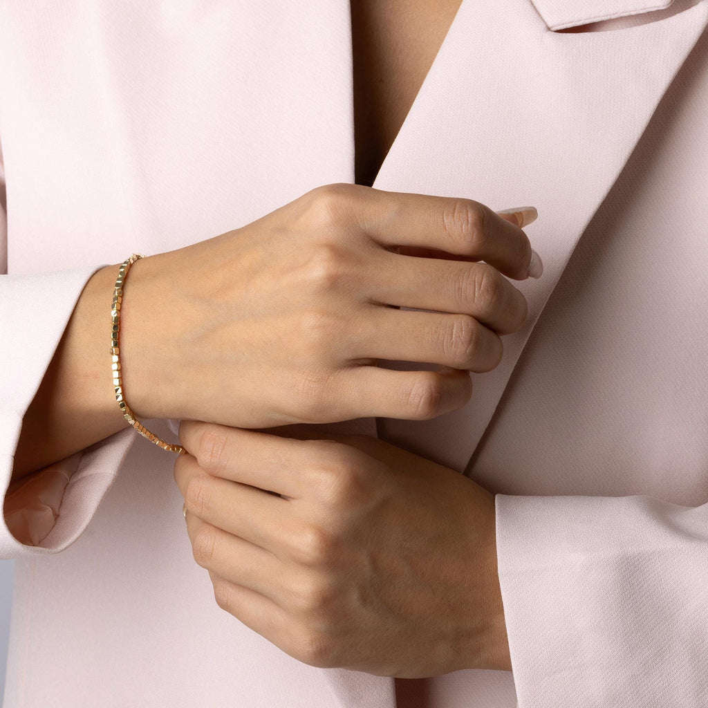 14K Solid Gold Cube Bead Bracelet – 2mm Square Box Chain