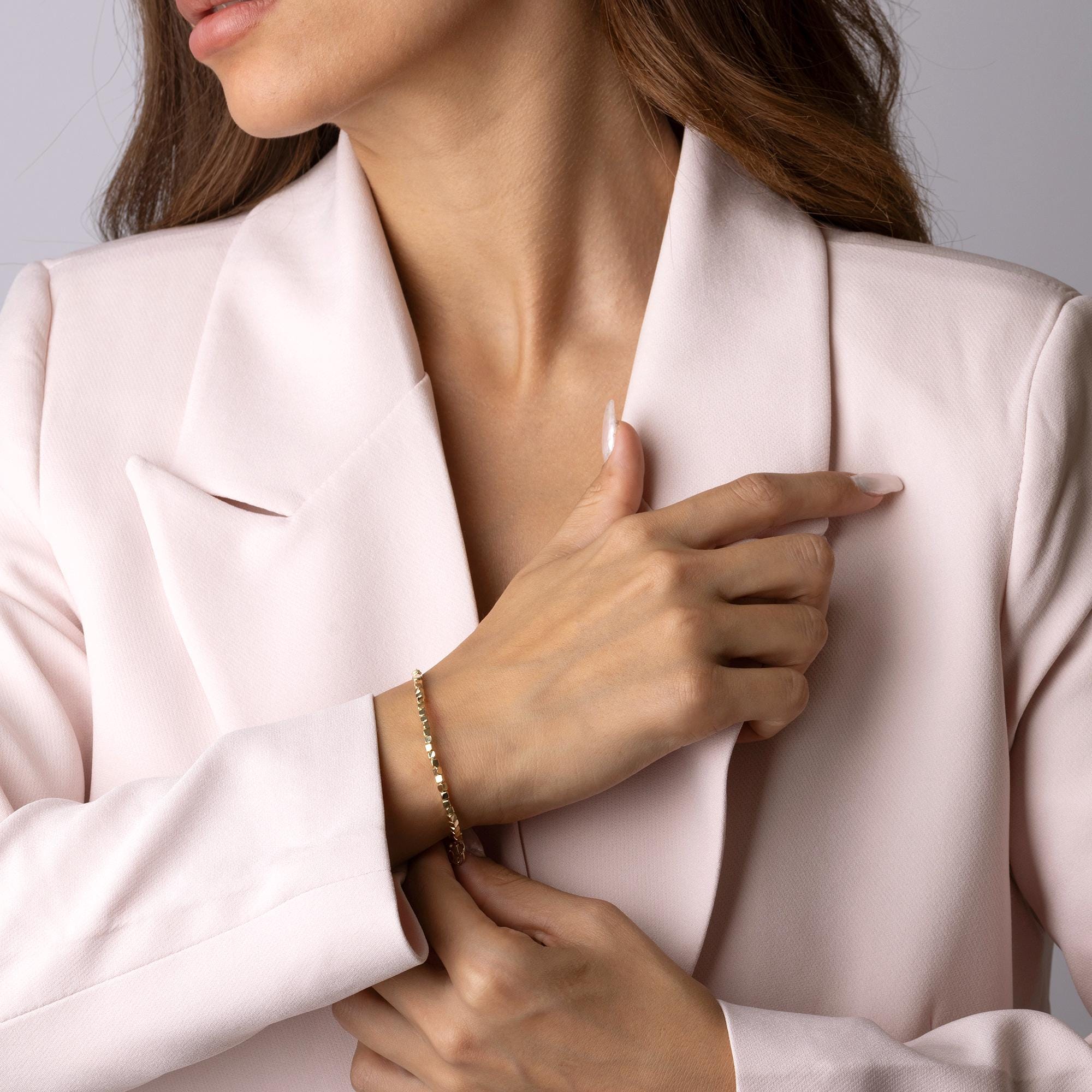 14K Solid Gold Cube Bead Bracelet – 2mm Square Box Chain