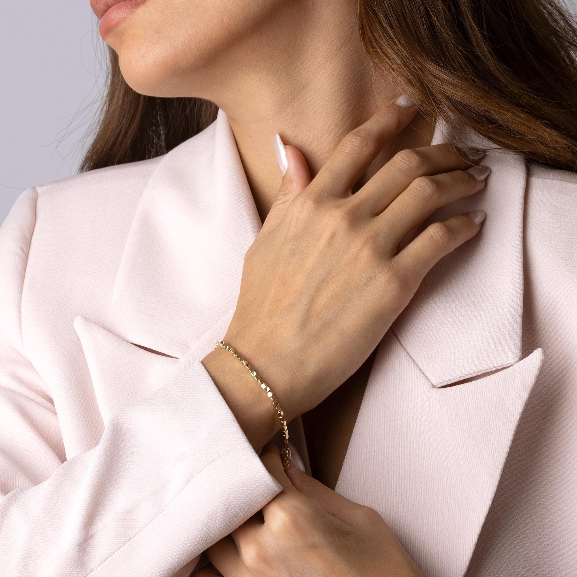 14K Solid Gold Cube Bead Bracelet – 2mm Square Box Chain